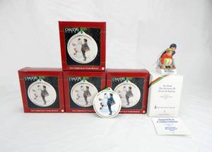 lot 200 image: Lot of Vintage 1991 Norman Rockwell Downhill Daring Figurine and Snow Sculpturing Christmas Ornaments