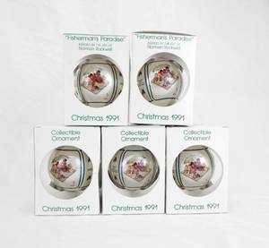 lot 204 image: Lot of 5 Vintage 1991 Limited Edition Norman Rockwell Fishermans Paradise Final Edition Ornaments