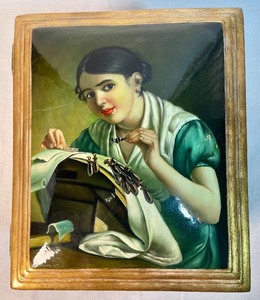 lot 156 image: Vintage Portrait Painted Sewing Box