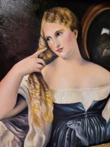 lot 98 image: Ornately Framed Woman with a Mirror (Reproduction) Painting