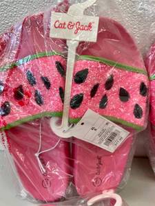 lot 91 image: 4 Pair of Girls Watermelon Slide Glitter Sandals Size 6.