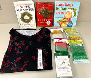 lot 55 image: Lot of Christmas Items  Books, Decor and Womens Top