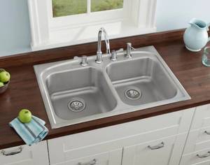 lot 2 image: Elkay Pergola Drop-In Stainless Steel 33 4-Hole Double Bowl Kitchen Sink.