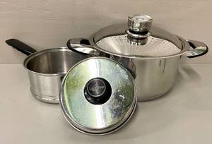 lot 77 image: Lifetime Stainless Steel Stock Pot with Thermometer and Sauce Pan with Lids