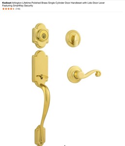 Kwikset Arlington Lifetime Polished Brass Single Cylinder Door Handleset with Lido Door Lever Featuring SmartKey Security, Security Set & Keyed Entry Levers. See Pictures