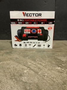 Vector 1200 Peak Amp Portable Car Jump StarterPortable Power Station with 120 PSI Compressor and 500 Watt Power Inverter. See Pictures