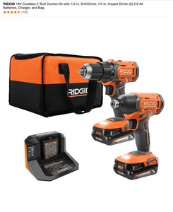 RIDGID 18V Cordless 2-Tool Combo Kit with 12 in. DrillDriver, 14 in. Impact Driver, (2) 2.0 Ah Batteries, Charger, and Bag. See Pictures