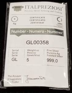 5 TROY OZ .999 FINE SILVER BAR WITH CERTIFICATION