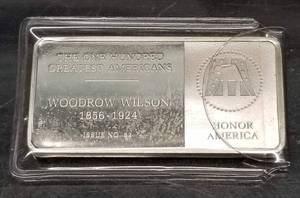 500 GRAINS (1.04 TROY OZ) 92.5% STERLING SILVER ART BAR WOODROW WILSON
