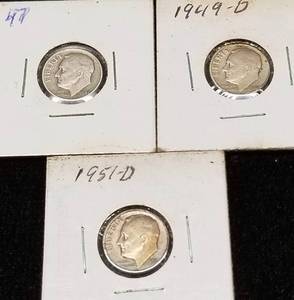 3 SILVER ROOSEVELT DIMES 1947 1949-D 1951-D