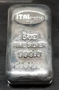 5 TROY OZ .999 FINE SILVER BAR POURED STAMPED ITALY