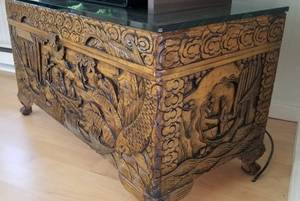 lot 30 image: Carved Chinese Chest with Tempered Glass Top