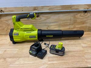 RYOBI ONE 18V Brushless Whisper Series 110 MPH 410 CFM Cordless Battery Jet Fan Leaf Blower with 4.0 Ah Battery and Charger