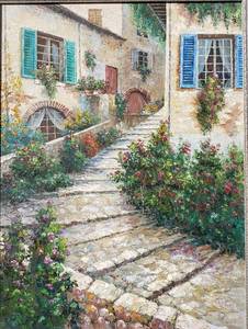 lot 52 image: Framed Oil on Canvas Large European Cobblestone Street Scene