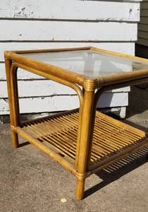 lot 74 image: Vintage Rattan Square Side Table with Glass Top