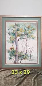 lot 66 image: Framed Watercolor Art Birch Landscape by Merle Schoess