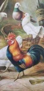 lot 63 image: Oil Painting Art of Chickens and Doves in the Barn