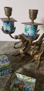 lot 78 image: Chinese Brass Dragon Candle sticks with Enameled Ashtray Box