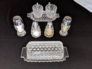 Vintage Fostoria Glassware, Butter Dish, Salt & Pepper Shakers, Cream and Sugar with Tray Set