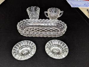 Vintage Fostoria Glassware, Set of Candle Stick Holders, Open Sugar Bowl, and Oblong Dresser Bowl
