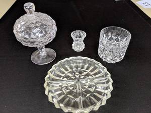 Vintage Fostoria Glassware Pickle Dish, Candy Dish, Tooth Pick Holder, and Unknown Piece