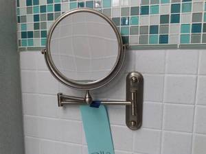 lot 740 image: Bathroom Accessories Magnifying Mirror, Towel Bars, Towel Shelf, & More