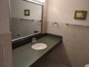 lot 78 image: Beautiful Bathroom Set Large Counter with Sink, Large Mirror, Towel Bars, Towel Holder, Small Floral Art, Light Bar