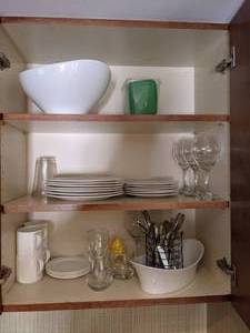 lot 80 image: Contents of Kitchenette, Plates, Cups, Glasses, Silverware and More