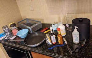 lot 81 image: Lot of Various Kitchen Items, Condiments, Pan, Wine Bottle Opener, and More