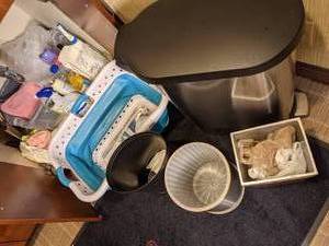 lot 85 image: Various Cleaning Supplies, Trash Cans, Cleaning Fluids, Collapsible Laundry Basket and More