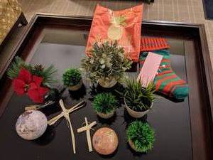 lot 93 image: Collection of Small Artificial Potted Plants, Poinsettia, Small GlobesCrosses and Christmas Decor
