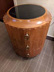 lot 98 image: Unique Round, Ribbed, Glass Topped, Three Drawer End Table