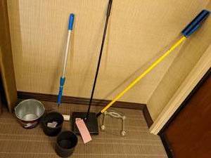 lot 100 image: Cleaning Lot Buckets, FloorCarpet Sweeper, Mop, Scale, & More