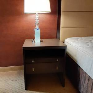 lot 807 image: Dark Wood Nightstand and Clear Bubble Table Lamp