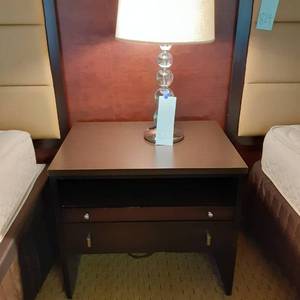 lot 823 image: Dark Finish  Nightstand and Clear Bubble Table Lamp