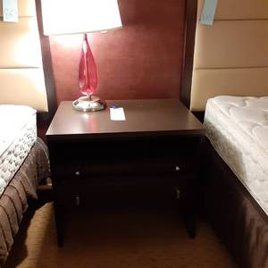 lot 866 image: Large Dark Wood Nightstand and Red Teardrop Lamp