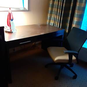 lot 955 image: Office Lot Desk, Chair, & Red Teardrop Lamp