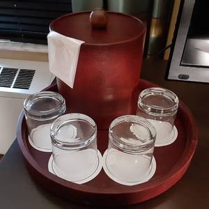 lot 514 image: Red Ice bucket with Tray and (4) Lowball Glasses