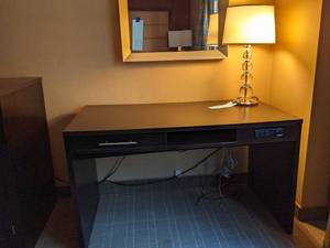lot 712 image: Office Lot Standard Wood Desk & Bubble Lamp