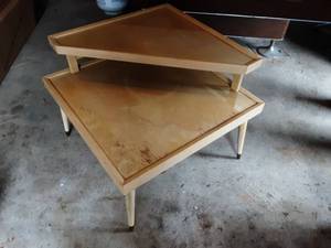 Mid-Century Modern 28x28 2-Tier Corner Table With Brass Tip Feet