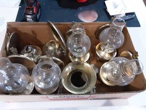 Box Lot 7-Oil Lamps, 1-Brass Spittoon