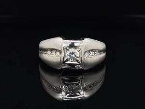 Impressive Mens Diamond Solitaire Square Top Channel Ring in 14k White Gold