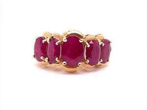 Rich Red 3 Carat Oval Cut Ruby Step Cluster Estate Ring in 14k Yellow Gold