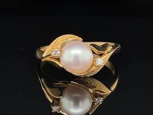 Vintage Cultured White Pearl Diamond 3-Stone Floral Estate Ring in 14k Yellow Gold