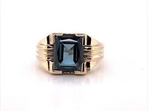 Vintage Art Deco Emerald Cut Simulated Blue Topaz Solitaire Estate Ring in 10k Yellow Gold