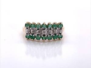 Vintage Emerald &amp Diamond Triple Row Cluster Estate Ring in 14k Yellow Gold