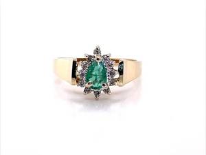 Vintage Emerald and Diamond Pear Cluster Cathedral Estate Ring in 10k Yellow Gold