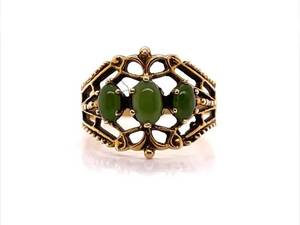 Vintage Oval Cabochon Jade 3-Stone Beaded Filigree Estate Ring in 14k Yellow Gold