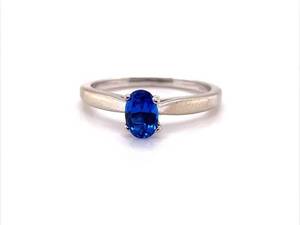 Oval Blue Sapphire Solitaire Estate Ring in 14k White Gold