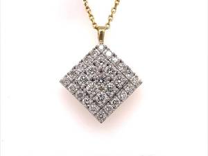 Dazzling 3.00 Carat Diamond Square Cluster Estate Pendant and Chain Necklace in 14k Yellow Gold
